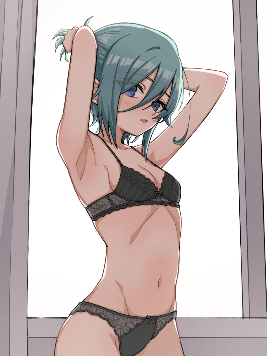 1girl absurdres armpits arms_up bare_arms black_bra black_panties blue_eyes bra breasts commentary cowboy_shot english_commentary eyes_visible_through_hair green_hair groin hair_between_eyes highres indoors jjum_pp kimi_no_koto_ga_dai_dai_dai_dai_daisuki_na_100-nin_no_kanojo lace lace_bra lace_panties light_blush looking_at_viewer nakaji_uto navel open_mouth panties short_hair small_breasts solo stomach tying_hair underwear underwear_only window
