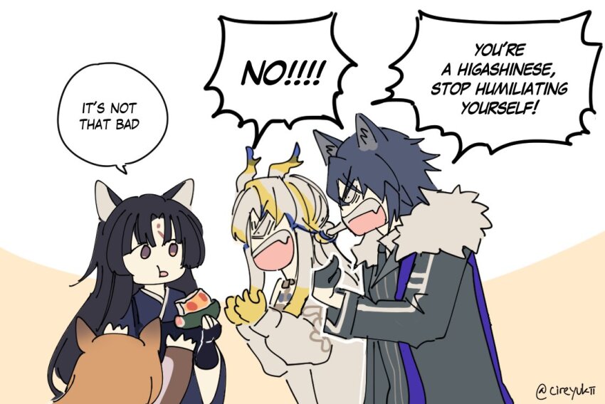 1boy 3girls animal_ears arknights black_hair blonde_hair blue_hair ceobe_(arknights) commentary dog_ears dog_girl dragon_girl dragon_horns english_commentary english_text food fur-trimmed_jacket fur_trim grey_hair horns jacket long_hair multicolored_hair multiple_girls open_mouth pizza saga_(arknights) short_hair shu_(arknights) speech_bubble vigil_(arknights) wolf_boy wolf_ears yukii