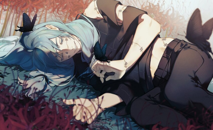 1boy androgynous belt black_belt black_butterfly black_pants blue_hair bug butterfly butterfly_on_hand commentary cursed_spirit_(jujutsu_kaisen) eyelashes flower highres insect jujutsu_kaisen long_hair looking_at_animal lying mahito_(jujutsu_kaisen) male_focus mim_(mimya0600) on_side pants parted_bangs red_flower smile solo spider_lily stitched_arm stitched_face stitched_wrist stitches symbol-only_commentary