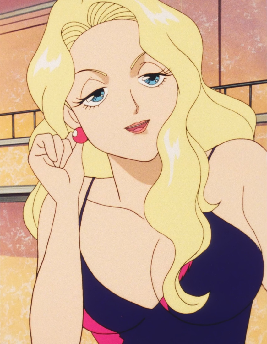 1girl bare_legs black_one-piece_swimsuit breasts cleavage earrings highres jewelry large_breasts long_hair looking_at_viewer looking_to_the_side marilyn_(red_baron) one-piece_swimsuit red_baron_(anime) screencap seductive_smile smile standing swimsuit third-party_edit upper_body very_long_hair