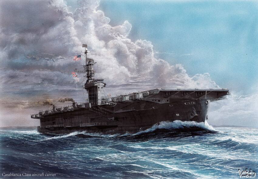 absurdres aircraft_carrier american_flag anchor anti-aircraft anti-aircraft_gun border flag highres military_vehicle ocean original outdoors radar scenery ship smoke smokestack united_states_navy uss_casablanca_(cve-55) vehicle_focus vortex_(xu_xuanwo) wake_(wave) warship watercraft waves world_war_ii