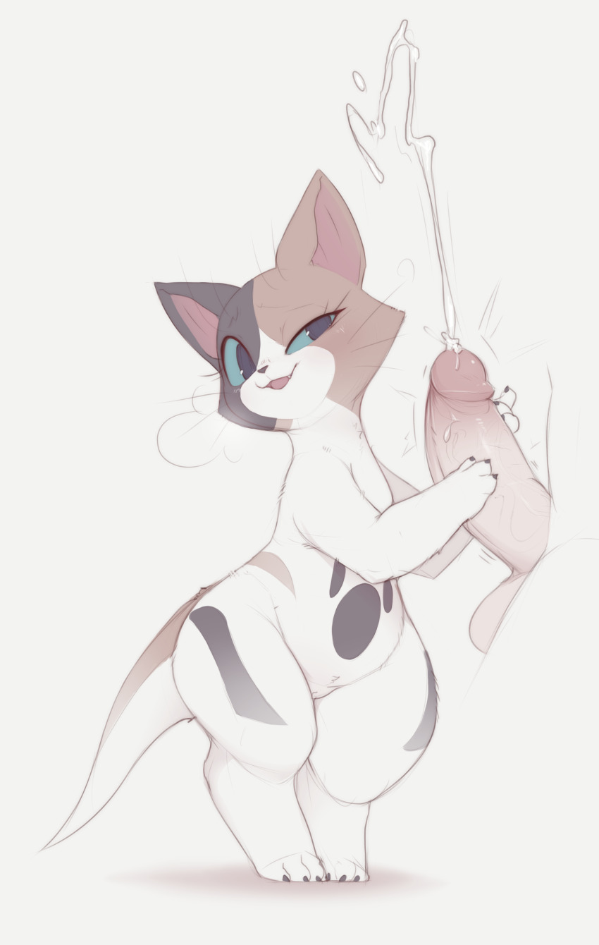 1girl :3 animal_ears animal_feet animal_hands animal_nose barefoot black_fur blue_eyes blue_sclera body_fur breath brown_fur cat_ears cat_girl cat_tail claws colored_sclera completely_nude cum disembodied_penis ejaculation erection fang felyne flat_chest full_body furry furry_female grey_background half-closed_eye handjob hands_up happy hetero kekitopu large_penis legs_together looking_at_penis monster_hunter_(series) monster_hunter_stories multicolored_fur nude open_mouth paw_print penis projectile_cum raised_eyebrows shortstack simple_background smile solo_focus standing tail testicles thick_thighs thighs uncensored uneven_eyes veins veiny_penis whiskers white_fur wide_hips