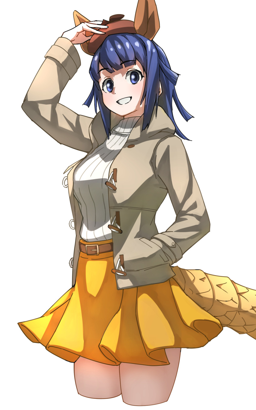 1girl armadillo_ears armadillo_tail beige_jacket beret blue_eyes blue_hair brown_hat cowboy_shot cropped_legs extra_ears giant_armadillo_(kemono_friends) hand_in_pocket hand_on_headwear hat high-waist_skirt highres kemono_friends kemono_friends_3 long_sleeves official_alternate_costume pleated_skirt short_hair skirt solo sweater tanabe_(fueisei) turtleneck turtleneck_sweater white_sweater yellow_skirt