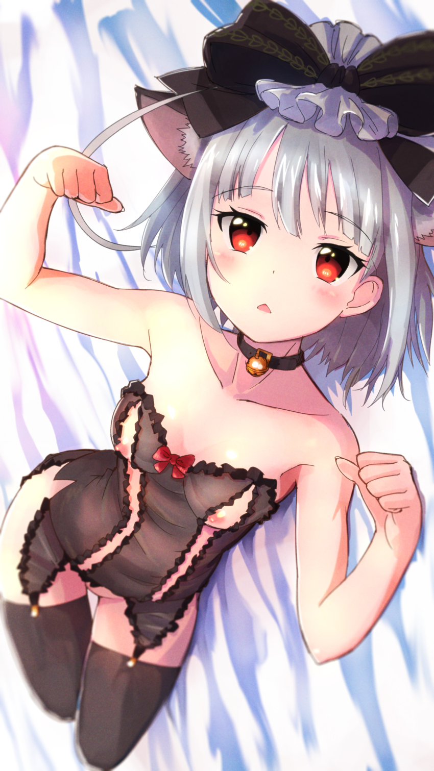 1girl absurdres akari_(fantasista_doll) animal_ears bare_shoulders bell black_bow black_thighhighs blush bow breasts cat_ears collar collarbone fantasista_doll female_focus hair_bow highres jingle_bell looking_at_viewer lying neck_bell nipples open_mouth paw_pose rawara_mamihi red_bow red_eyes short_hair silver_hair small_breasts solo thighhighs