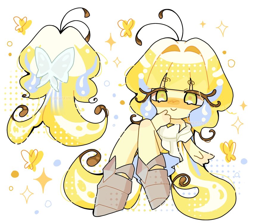 1girl angel_wings antenna_hair armored_boots bare_shoulders blonde_hair boots butterfly_wings colored_skin cookie_run cookie_run:_kingdom curly_eyebrows floating_hair highres humanization insect_wings katkit637729776 layered_clothes leotard long_hair looking_at_viewer sugarfly_cookie very_long_hair wings yellow_leotard yellow_skin