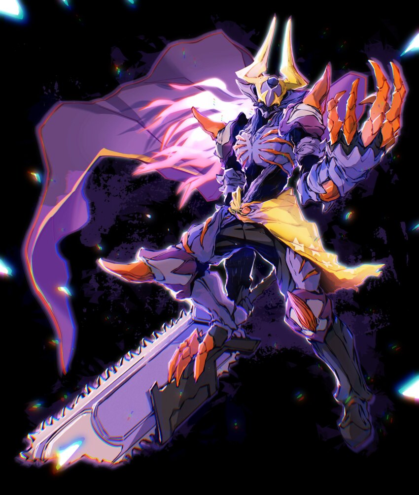 1boy absurdres alternate_eye_color armor armored_gloves black_background black_bodysuit black_gloves bodysuit buffalo bull cape chainsaw claw_(weapon) clenched_hands commentary_request cowboy_shot desire_driver dual_wielding exhaust_pipe fake_tail fever_buckle fever_zombie_form fiery_hair gloves glowing glowing_eyes gold_horns gradient_hair highres holding holding_weapon horns huge_weapon imminent_hit kamen_rider kamen_rider_buffa kamen_rider_geats_(series) knee_spikes linnnoj long_hair looking_at_viewer male_focus mask mechanical_hands mechabare multicolored_hair purple_armor purple_cape purple_hair purple_headwear purple_scarf raise_buckle red_hair redesign scarf shoulder_spikes single_mechanical_hand skull solo spikes spread_legs sword tail tokusatsu wall water_buffalo weapon yellow_eyes zombie zombie_breaker zombie_buckle