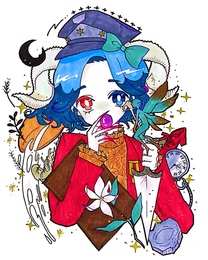 1girl 66mmnmm66 blue_hair book bow bright_pupils dagger fairy flower goat_horns green_bow hat heterochromia highres holding holding_dagger holding_knife holding_weapon horns key knife long_fingers looking_at_viewer mandrake milk no_humans ofelia pan&#039;s_labyrinth peaked_cap pocket_watch red_shirt red_shoes shirt shoes short_hair solo sparkle traditional_media unworn_shoes watch weapon white_background white_flower white_pupils
