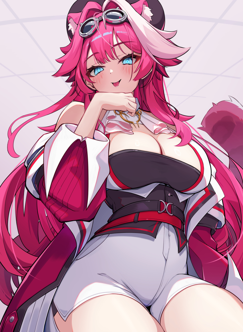 1girl absurdres animal_ears ascot belt beret black_belt black_hat black_shirt black_tube_top blue_eyes blush breasts ceiling coat commentary english_commentary eyeshadow goggles goggles_on_head h4kuuua_0 hair_intakes hat high-waist_shorts highres hololive hololive_english jewelry large_breasts long_hair long_sleeves looking_down makeup multicolored_hair official_alternate_eye_color open_clothes open_coat panther_ears panther_girl panther_tail pink_coat pink_eyeshadow pink_hair raora_panthera raora_panthera_(1st_costume) shirt shorts smile solo strapless streaked_hair tail thighs tile_ceiling tiles tongue tongue_out tube_top two-tone_hair underbust vest virtual_youtuber white_ascot white_shorts white_vest