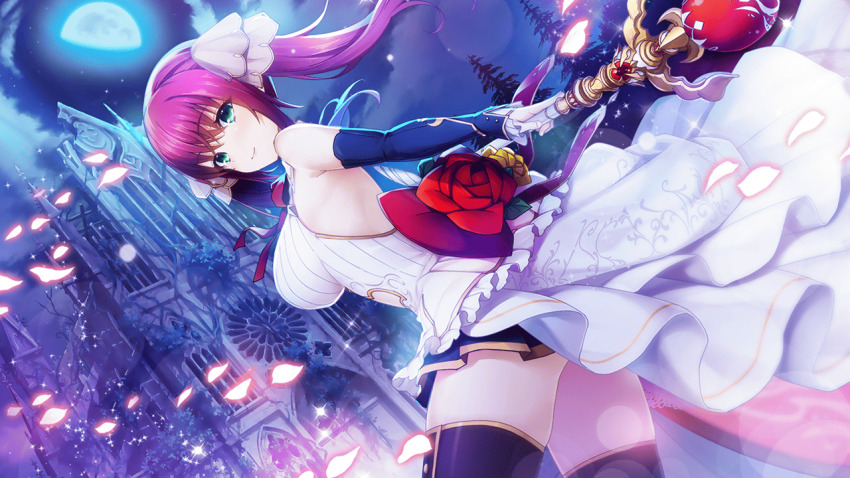 1girl akai_asaka architecture bare_shoulders bow breasts building cherry_blossoms church closed_mouth cloud crescent_moon deep_one_kyomu_to_mugen_no_fragment dress dutch_angle falling_petals flower green_eyes holding large_breasts long_hair looking_at_viewer magical_girl moon moonlight natsuhiko night night_sky non-web_source outdoors petals pink_flower pink_rose red_flower red_rose rose rose_petals scenery skirt sky sleeveless smile solo sparkle star_(sky) starry_sky thighhighs tree weapon white_dress wind