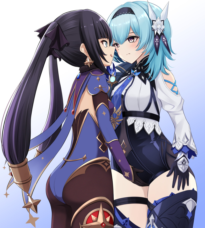 2girls absurdres black_gloves black_legwear blue_hair blue_necktie blush cape earrings eula_(genshin_impact) eye_contact face-to-face genshin_impact gloves hair_ornament highres jewelry leotard licking_lips long_hair long_sleeves looking_at_another medium_hair mona_(genshin_impact) multiple_girls necktie nokonoko pantyhose purple_hair standing star_(symbol) star_earrings star_hair_ornament thigh_strap tongue tongue_out twintails vambraces yuri