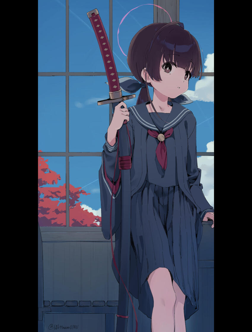 1girl absurdres blue_sailor_collar blue_serafuku blue_shirt blue_skirt bright_pupils brown_eyes brown_hair classroom commentary_request feet_out_of_frame halo highres holding holding_sword holding_weapon indoors katana long_hair long_sleeves neckerchief ohitome_kohane pillarboxed project_kv red_halo red_neckerchief sailor_collar school_uniform serafuku shirt skirt solo standing sword tree twintails twitter_username weapon window wittmann_(ehvr8373)