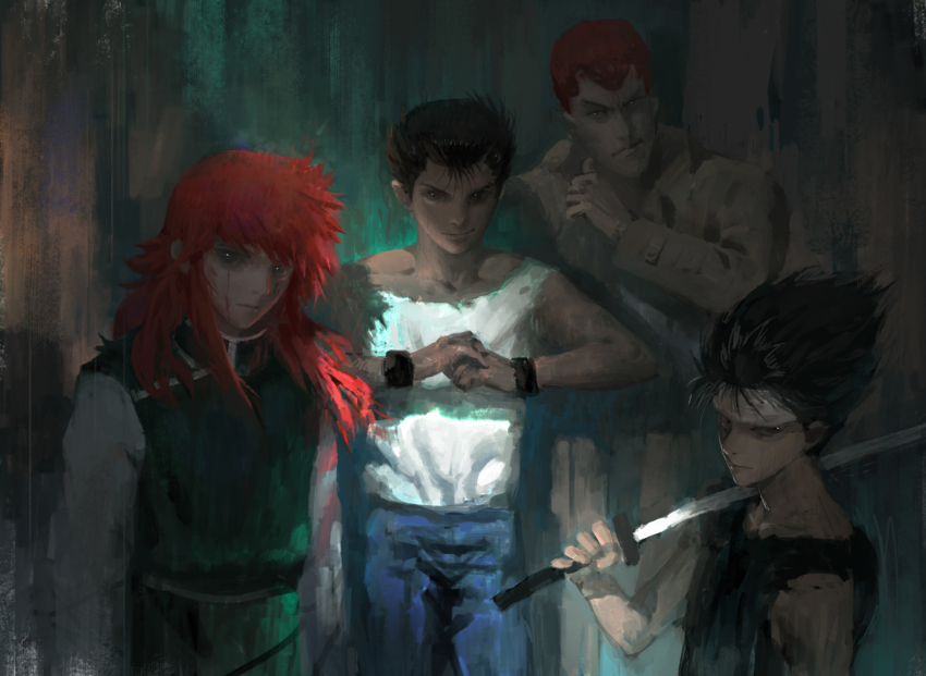 4boys black_hair blood blood_on_face brown_coat brown_eyes closed_mouth coat collarbone denim diaodiao hair_slicked_back headband hiei holding holding_sword holding_weapon jeans katana kurama_(yu_yu_hakusho) kuwabara_kazuma looking_at_viewer male_focus medium_hair multiple_boys over_shoulder pants red_hair smile spiked_hair standing sword sword_over_shoulder torn torn_clothes urameshi_yuusuke weapon weapon_over_shoulder white_headband wristband yuu_yuu_hakusho