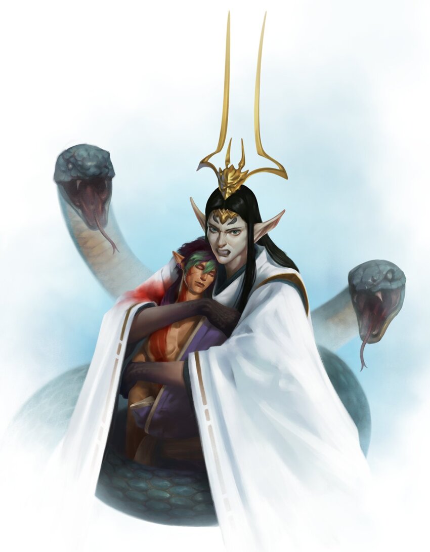 2boys animal black_hair black_hands blood clenched_teeth colored_extremities crown final_fantasy final_fantasy_xiv formtheheadcom giant_snake green_eyes highres hug japanese_clothes long_hair long_sleeves looking_at_viewer male_focus multiple_boys oversized_animal pointy_ears seiryu_(ff14) snake teeth