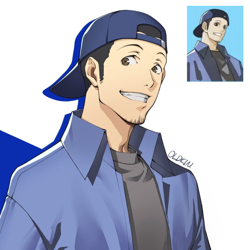 1boy artist_name backwards_hat baseball_cap black_hair black_undershirt blue_hat blue_shirt brown_eyes casual facial_hair goatee_stubble grin hat highres iori_junpei looking_at_viewer male_focus official_alternate_costume oldkin open_clothes open_shirt parody persona persona_3 reference_inset shirt short_hair simple_background smile soejima_shigenori_(style) solo stubble style_parody village_vanguard