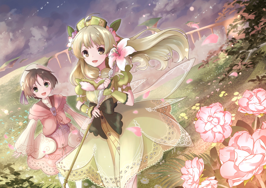 2girls :d absurdres atelier_(series) atelier_ayesha ayesha_altugle bare_shoulders blonde_hair bow brown_eyes brown_hair cloud commentary_request dress falling_petals field flower flower_field grass green_dress hair_flower hair_ornament hat highres holding holding_staff jacket long_hair long_sleeves looking_at_viewer marian_oekaki multiple_girls nio_altugle off-shoulder_dress off_shoulder open_mouth outdoors petals pink_jacket pink_skirt short_hair siblings sisters skirt sky smile staff waist_bow wrist_cuffs