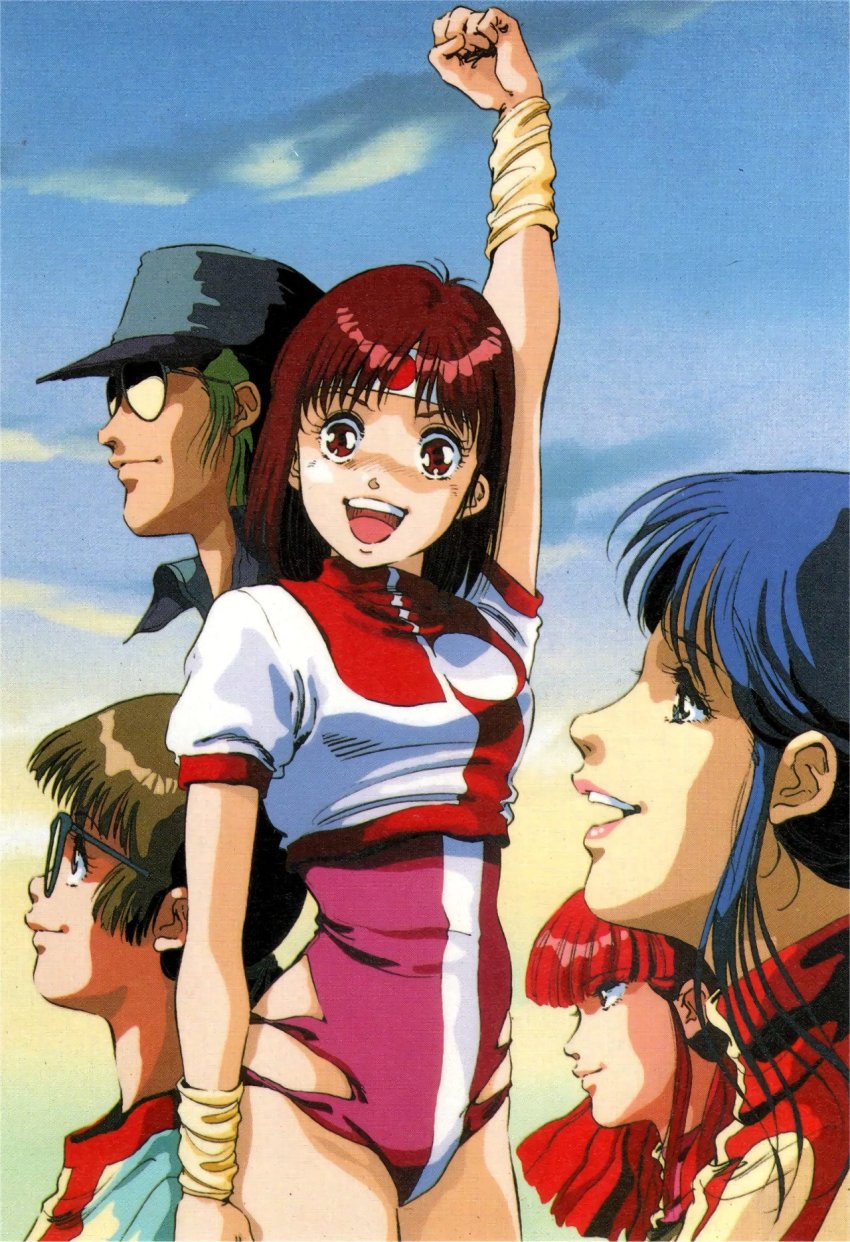 1980s_(style) 1boy 4girls amano_kazumi arm_up blue_eyes blue_hair brown_eyes brown_hair gainax hat headband highres higuchi_kimiko jung_freud leotard lipstick long_hair looking_at_viewer makeup mikimoto_haruhiko multiple_girls official_art oldschool open_mouth profile red_eyes red_hair retro_artstyle scan short_hair short_sleeves sunglasses takaya_noriko teeth top_wo_nerae! top_wo_nerae!_(series) upper_teeth_only wristband