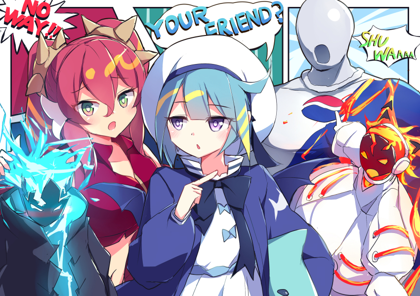 2boys 3girls absurdres blue_hair crop_top crossover duel_monster english_text faceless faceless_male highres kanzakietc ki-sikil_(yu-gi-oh!) lil-la_(yu-gi-oh!) live_twin_ki-sikil live_twin_lil-la multiple_boys multiple_girls navel pepsiman pepsiman_(game) pink_hair pointing pointing_at_another spright_blue spright_red yu-gi-oh!