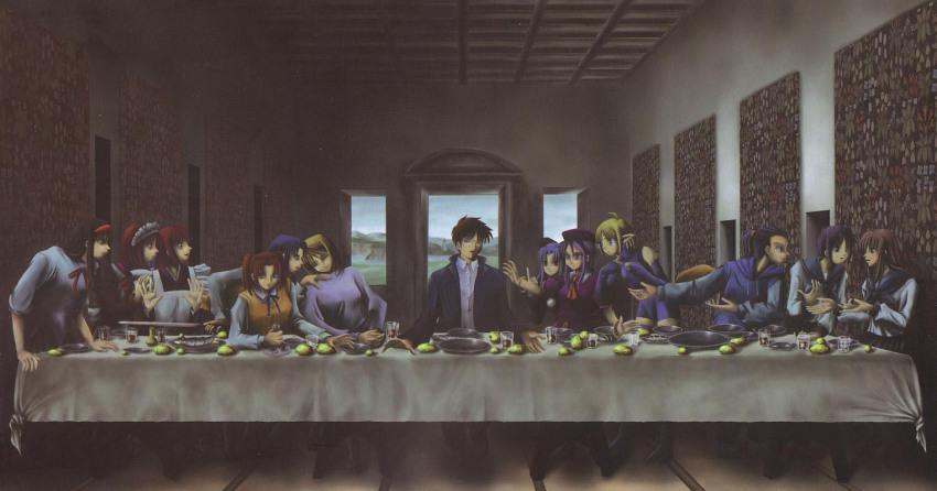 1boy 6+girls arcueid_brunestud blonde_hair ciel_(tsukihime) everyone fine_art_parody hisui_(tsukihime) kohaku_(tsukihime) len_(tsukihime) long_table melty_blood misawa_hanei multiple_girls nanako nanako_(tsukihime) parody pointy_ears seo_akira siblings sion_eltnam_(type-moon) sion_eltnam_atlasia sisters sitting table the_last_supper tohno_akiha tohno_shiki tsukihime tsukihime_souka twins yumizuka_satsuki