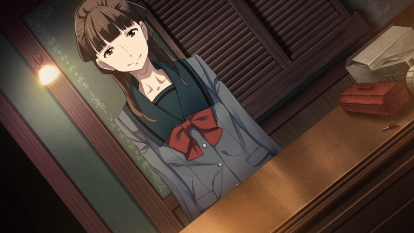 1girl aged_down bad_tag blazer blunt_bangs bow breasts brown_eyes brown_hair buttons chest_bow chuo_tanegashima_high_school_uniform chuo_tanegashima_high_winter_school_uniform closed_mouth collarbone dutch_angle fukuda_tomonori game_cg green_sailor_collar grey_jacket grey_shirt highres indoors jacket looking_at_viewer medium_breasts official_art ponytail pov red_bow robotics;notes sailor_collar school_uniform senomiya_misaki shiny_eyes shirt smile solo toolbox window