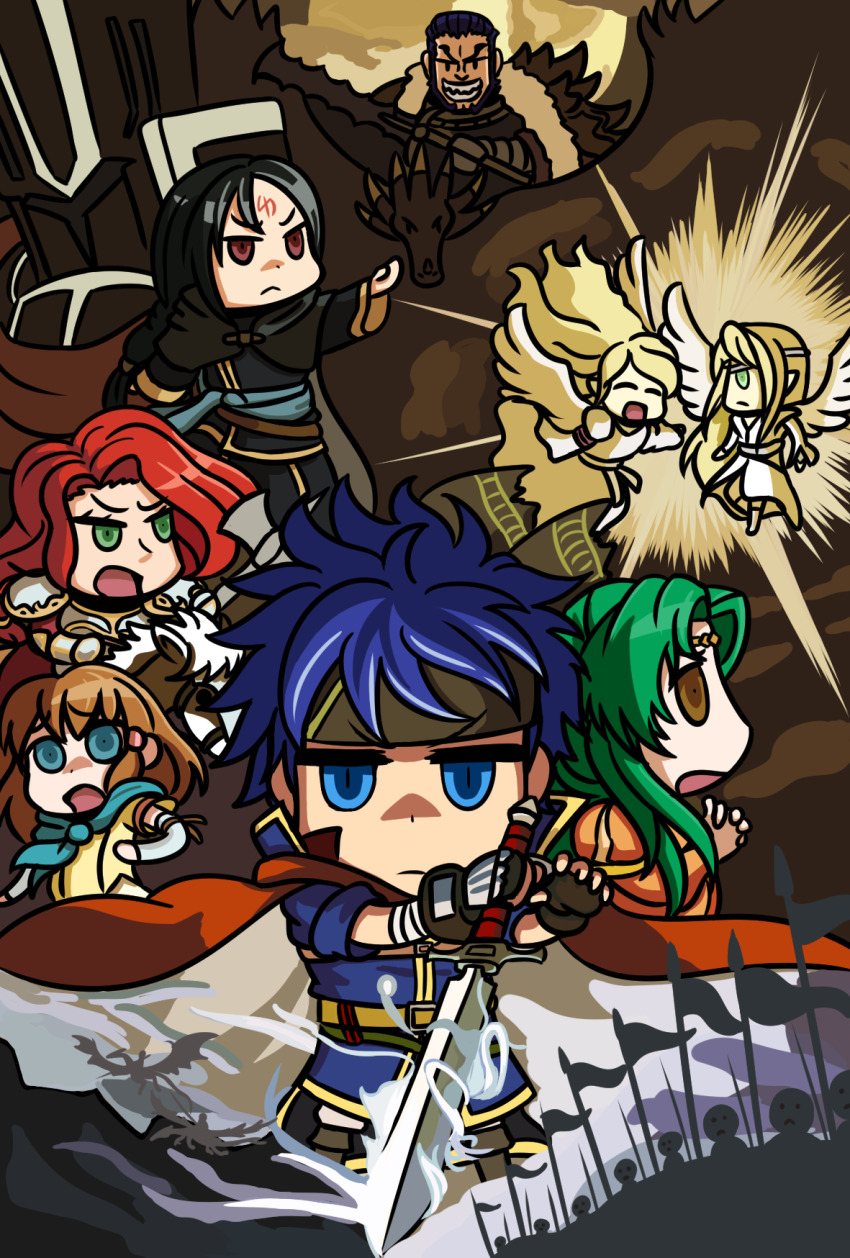 4girls 5boys ashnard_(fire_emblem) black_hair black_knight_(fire_emblem) blonde_hair blue_eyes blue_hair brown_eyes brown_hair cape chibi commentary dragon elincia_ridell_crimea english_commentary facial_mark fire_emblem fire_emblem:_path_of_radiance forehead_mark green_eyes green_hair highres holding holding_sword holding_weapon ike_(fire_emblem) leanne_(fire_emblem) long_hair mist_(fire_emblem) multiple_boys multiple_girls nintendo parody red_eyes red_hair reyson_(fire_emblem) riyo_(lyomsnpmp)_(style) short_hair soren_(fire_emblem) style_parody sword titania_(fire_emblem) weapon will_(willanator93) wings