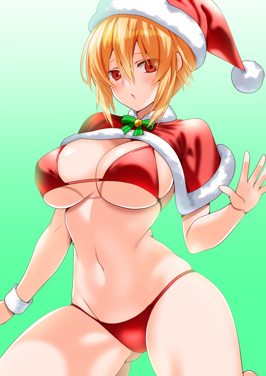 1girl angelica_rapha_redgrave bikini blonde_hair breasts capelet christmas cleavage commentary_request commission dress engo_(aquawatery) female_focus fur-trimmed_capelet fur-trimmed_headwear fur_trim gluteal_fold gradient_background green_background hat highres large_breasts navel otome_game_sekai_wa_mob_ni_kibishii_sekai_desu parted_lips pixiv_commission red_bikini red_capelet santa_bikini santa_costume santa_hat short_hair sidelocks solo swimsuit underboob white_background