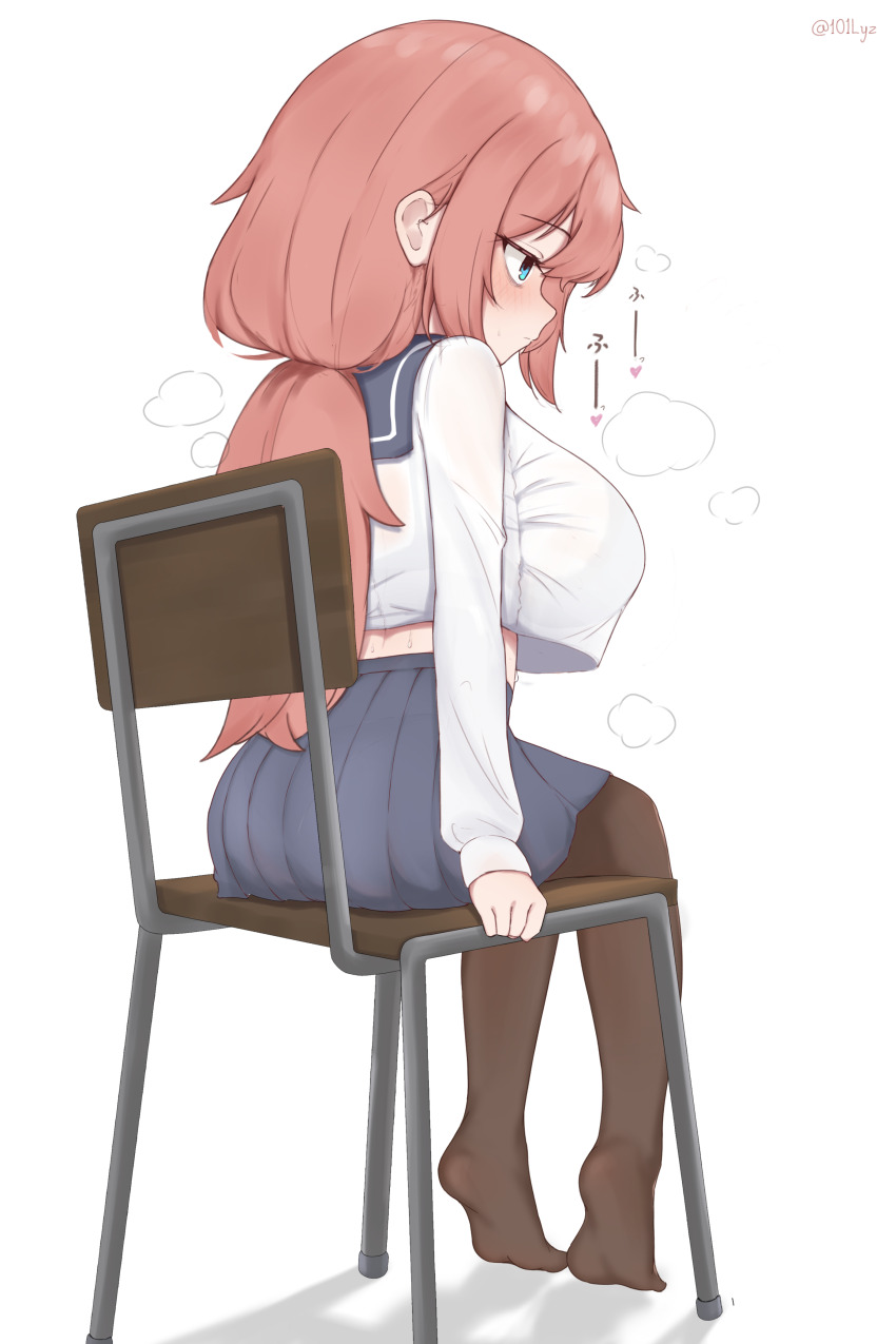 ass bra_visible_through_clothes breasts chair eyebags feet from_behind full_body long_hair low_ponytail lyzya michinoku_komaro midriff oppai_loli pantyhose pantylines ponytail school_chair school_uniform see-through_clothes seitokai_ni_mo_ana_wa_aru! serafuku shirt sitting skirt steam sweat sweatdrop underboob white_shirt