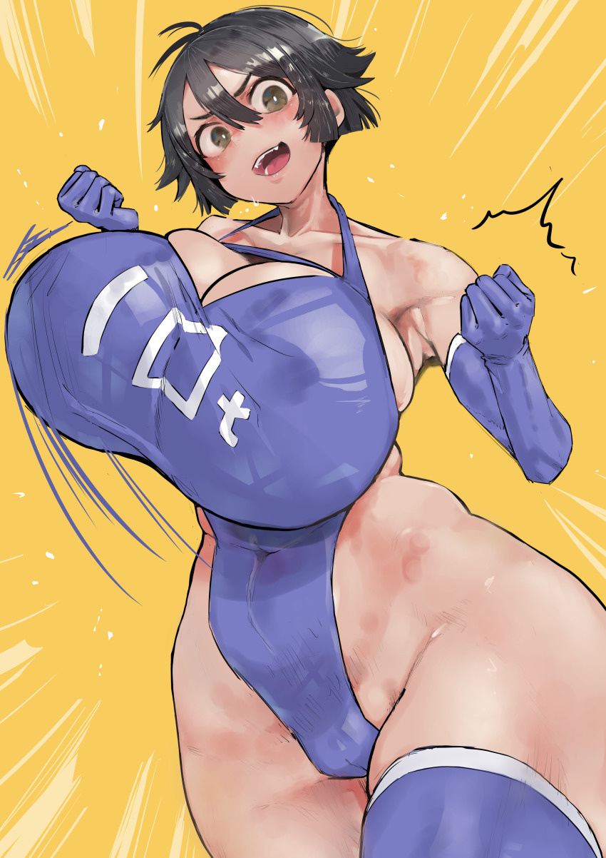10-ton 1girl 38myyyy absurdres ahoge bare_shoulders black_hair blue_thighhighs blush boku_no_hero_academia bouncing_breasts breasts cameltoe cleavage cowboy_shot elbow_gloves fang female_focus gloves hair_between_eyes highleg highleg_leotard highres huge_breasts leotard looking_at_viewer shiny_clothes shiny_skin short_hair simple_background skin_tight solo standing taut_leotard thick_thighs thighhighs thighs upper_body w_arms wide_hips yellow_background