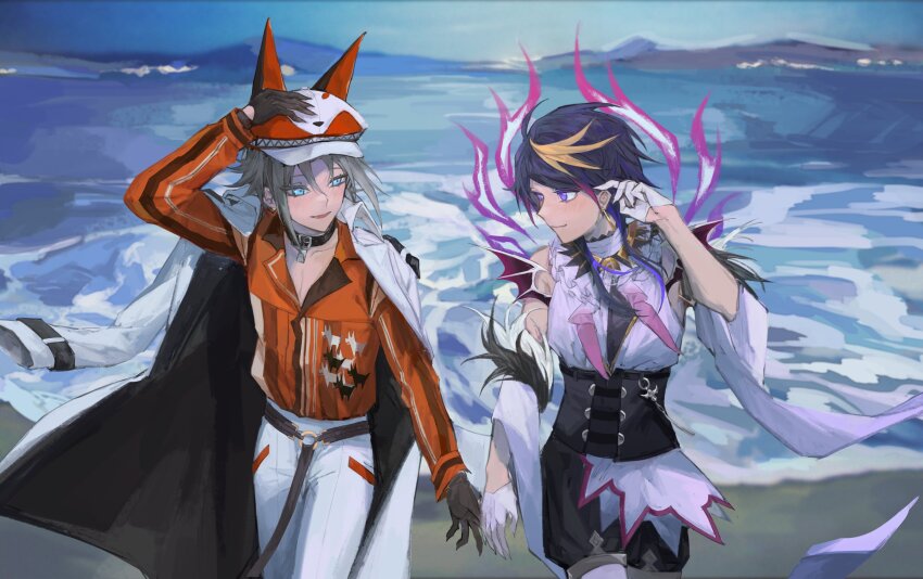 2boys absurdres animal_ear_headwear animal_print bat_wings belt black_collar black_corset black_gloves black_shorts blonde_streaks blue_eyes closed_mouth collar corset day detached_sleeves dog_print earrings eye_contact eyes_visible_through_hair fake_animal_ears fake_wings fang fox_hat frills gloves grey_hair hair_flip half_gloves halo hand_in_own_hair hand_on_own_hat hand_on_own_head happy highres holding_hands jacket jewelry lapels light_blush long_sleeves looking_at_another male_focus mini_wings multicolored_hair multiple_boys mysta_rias mysta_rias_(1st_costume) nijisanji nijisanji_en o-ring o-ring_belt ocean open_collar open_mouth orange_shirt outdoors pants purple_eyes purple_hair purple_halo shade shirt shorts shu_yamino shu_yamino_(1st_costume) smile standing streaked_hair swept_bangs three_quarter_profile two-sided_fabric two-sided_jacket virtual_youtuber walking white_gloves white_jacket white_pants wings yaoi zizzu