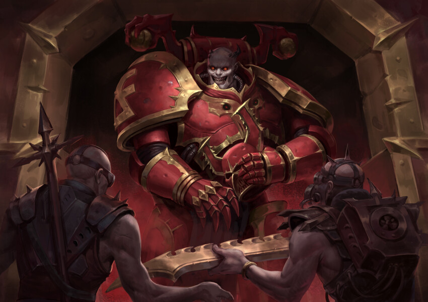 3boys adeptus_astartes andrei_modestov armor bald breastplate chainsword chaos_(warhammer) chaos_space_marine clawed_gauntlets commentary couter cuirass cuisses demon demon_horns full_armor gauntlets glowing glowing_eyes helmet highres holding holding_helmet holding_sword holding_weapon horns khorne_(symbol) khorne_berserker leg_armor monster multiple_boys pale_skin pauldrons power_armor red_armor red_eyes rerebrace sharp_teeth shoulder_armor solo_focus spikes sword teeth warhammer_40k weapon world_eaters