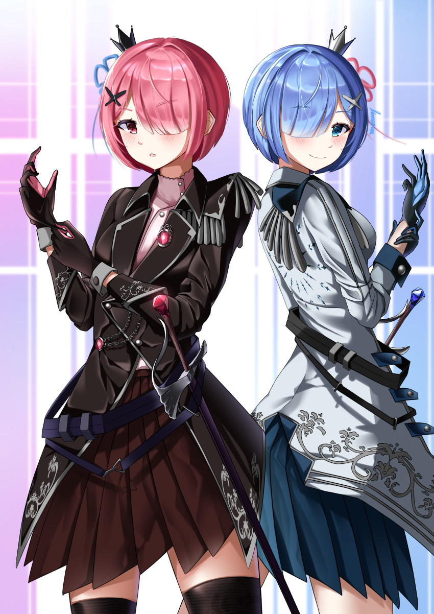 2girls absurdres adjusting_clothes adjusting_gloves alternate_costume black_gloves black_jacket black_legwear black_vs_white blue_eyes blue_gloves blue_hair blue_skirt blush brown_skirt closed_mouth cowboy_shot crown female_focus gloves grey_jacket hair_intakes hair_ornament hair_over_one_eye highres jacket long_sleeves looking_at_viewer matching_hair/eyes mini_crown miniskirt multiple_girls open_mouth pink_gloves pink_hair pleated_skirt ram_(re:zero) re:zero_kara_hajimeru_isekai_seikatsu red_eyes rem_(re:zero) sheath sheathed short_hair siblings sisters skirt smile standing sword thighhighs twins two-tone_gloves weapon winterlime12 x_hair_ornament zettai_ryouiki