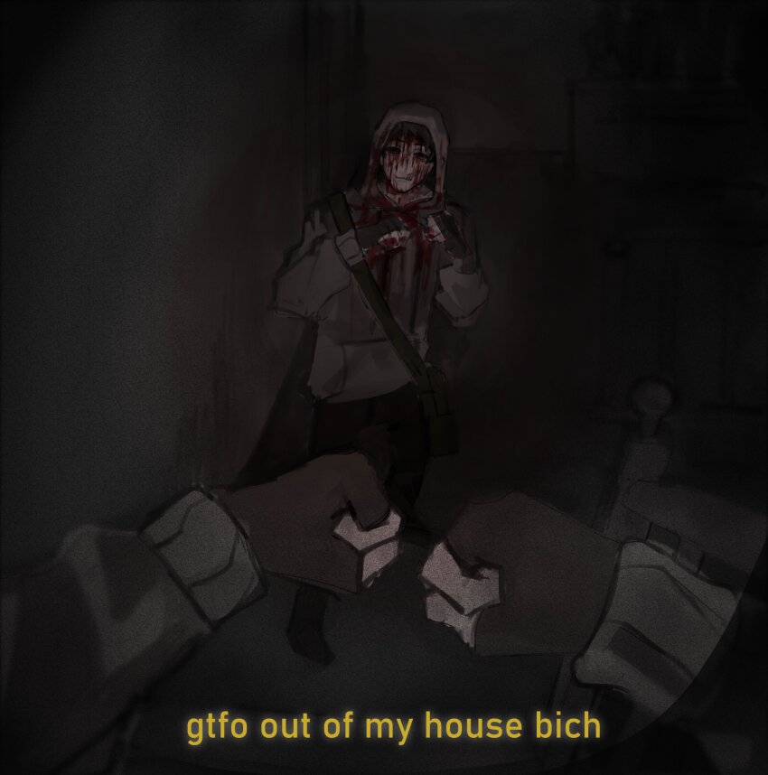 1boy 1other arms_up bag black_gloves blood blood_from_forehead blood_on_clothes blood_on_face blood_on_hands caption clenched_hands commentary cry_of_fear dark dim_lighting dual_persona english_commentary english_text fighting_stance fingerless_gloves gloves grey_hoodie grin highres hood hood_up hoodie ji01_jiji pov pov_hands raised_fists shoulder_bag simon_henriksson simon_henriksson_(book) smile standing subtitled typo viewer_self-insert walking_towards_viewer