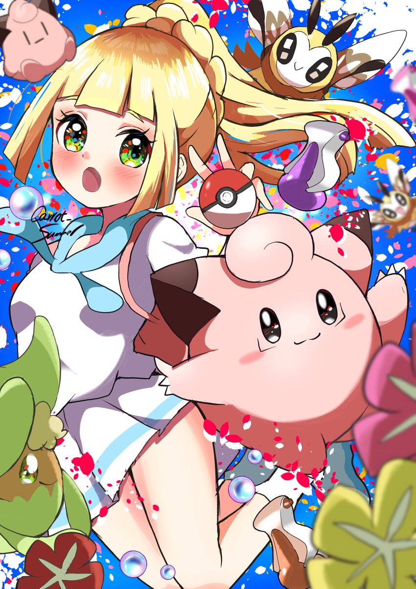 blonde_hair braid carrot_summer character_doll clefairy comfey game_freak gen_1_pokemon gen_7_pokemon green_eyes lillie_(pokemon) nintendo pokemon pokemon_sm ponytail potion_(pokemon) ribombee super_potion_(pokemon)