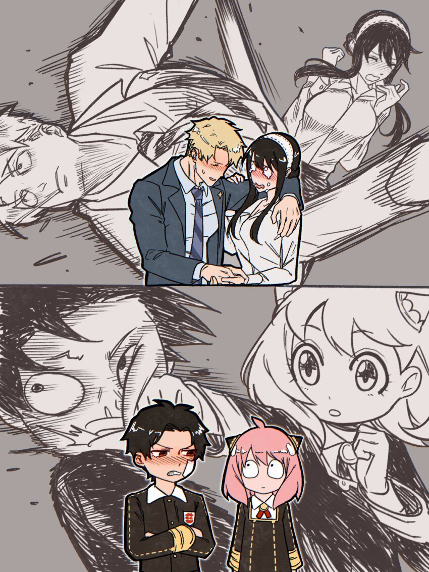 anya_(spy_x_family) black_hair blush breasts child damian_desmond earrings eden_academy_school_uniform gold_earrings hairband hairpods highres husband_and_wife jewelry large_breasts long_hair long_sleeves open_mouth pink_hair school_uniform shirt sidelocks spy_x_family syachiiro twilight_(spy_x_family) white_hairband yor_briar