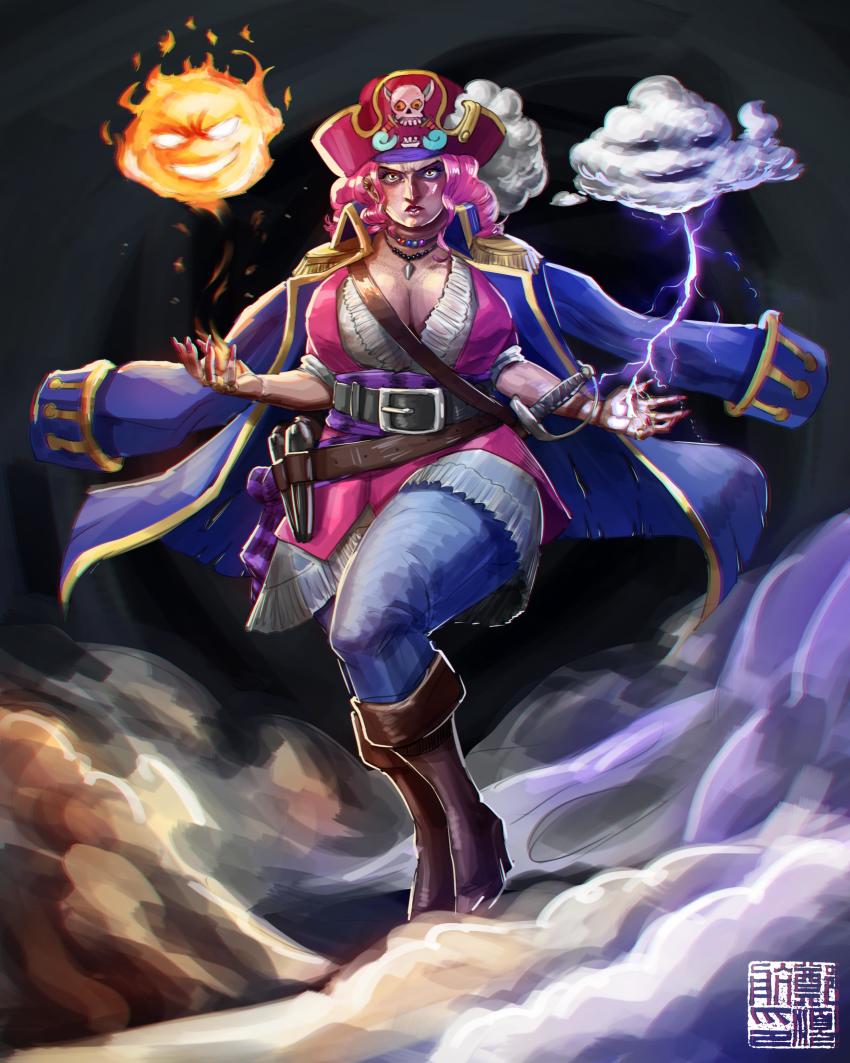 1girl absurdres aged_down antique_firearm belt boots breasts charlotte_linlin cleavage_cutout clothing_cutout cloud electricity feather_hair_ornament female_focus fire firearm firelock flintlock gun hair_ornament hat highres jacket jacket_on_shoulders large_breasts lipstick long_hair looking_at_viewer makeup one_piece orange_eyes pink_hair pirate_costume pirate_hat pointy_nose prometheus_(one_piece) serious solo standing steam sun sword threatening weapon zeus_(one_piece)