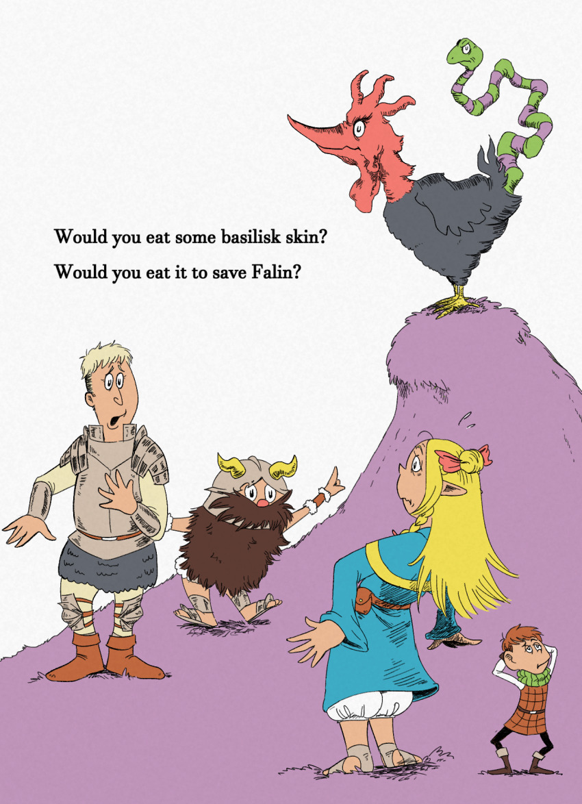 1girl 3boys armor arms_behind_head basilisk beard blonde_hair blue_robe boots brown_footwear brown_hair chilchuck_tims dr._seuss_(style) dungeon_meshi elf english_text facial_hair fake_horns green_eggs_and_ham_(seuss) halfling helmet highres horned_helmet horns laios_touden leaning_back long_hair looking_at_another marcille_donato monster multiple_boys mustache open_mouth parody pointing pointy_ears robe sandals senshi_(dungeon_meshi) short_hair simple_background standing stirdraws style_parody white_background