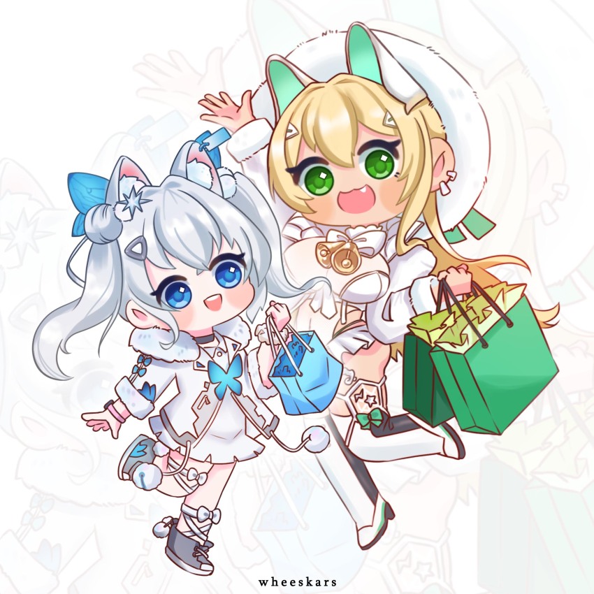 2girls :d animal_ear_fluff animal_ears artist_name bag black_choker blonde_hair blue_eyes blush_stickers butterfly_hair_ornament chibi choker double_bun fake_animal_ears fang full_body fur-trimmed_headwear fur-trimmed_sleeves fur_trim goddess_of_victory:_nikke green_eyes hair_between_eyes hair_bun hair_ornament high_heels highres hood hooded_jacket jacket leotard long_hair multiple_girls n102_(miracle_fairy)_(nikke) n102_(nikke) neck_bell official_alternate_costume open_mouth pleated_skirt pom_pom_(clothes) rupee_(nikke) rupee_(winter_shopper)_(nikke) scrunchie shoes shopping_bag short_twintails skirt smile sneakers snowflake_hair_ornament thighhighs twintails wheeskars white_hair white_jacket white_leotard white_skirt white_thighhighs wrist_scrunchie zoom_layer