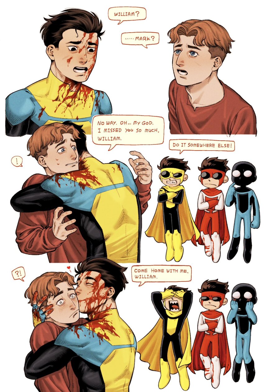! !? 5boys black_bodysuit black_hair blood blood_on_face blood_on_hands blue_bodysuit blue_eyes bodysuit cape clenched_teeth comic english_text full_mask goggles hashtag-only_commentary highres hug invincible_(series) kiss kissing_cheek long_sleeves male_focus mark_grayson masked_mark maskless_mark multiple_boys omni-mark red_bodysuit rob_kuma4 sharp_teeth simple_background sinister_mark speech_bubble spoken_exclamation_mark surprised sweater teeth white_background white_bodysuit william_clockwell yaoi yellow_bodysuit yellow_cape