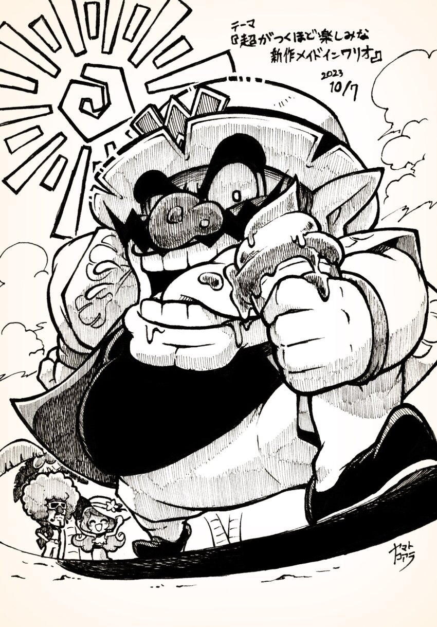 1girl 2boys ^_^ afro beach belt belt_buckle big_nose bracelet buckle closed_eyes cloud coconut commentary_request dated day double_chin dress facial_hair flower food greyscale hands_on_headwear hat hat_flower highres holding holding_food holding_ice_cream holding_ice_cream_cone ice_cream ice_cream_cone jacket jewelry jimmy_t licking male_focus mona_(warioware) monochrome multiple_boys mustache nintendo open_clothes open_jacket open_mouth outdoors palm_tree pants pointy_hat shadow shirt shoes signature sleeveless sleeveless_dress smile solo_focus sun_symbol sundress thick_eyebrows traditional_media translation_request tree wario warioware wavy_hair yamato_koara