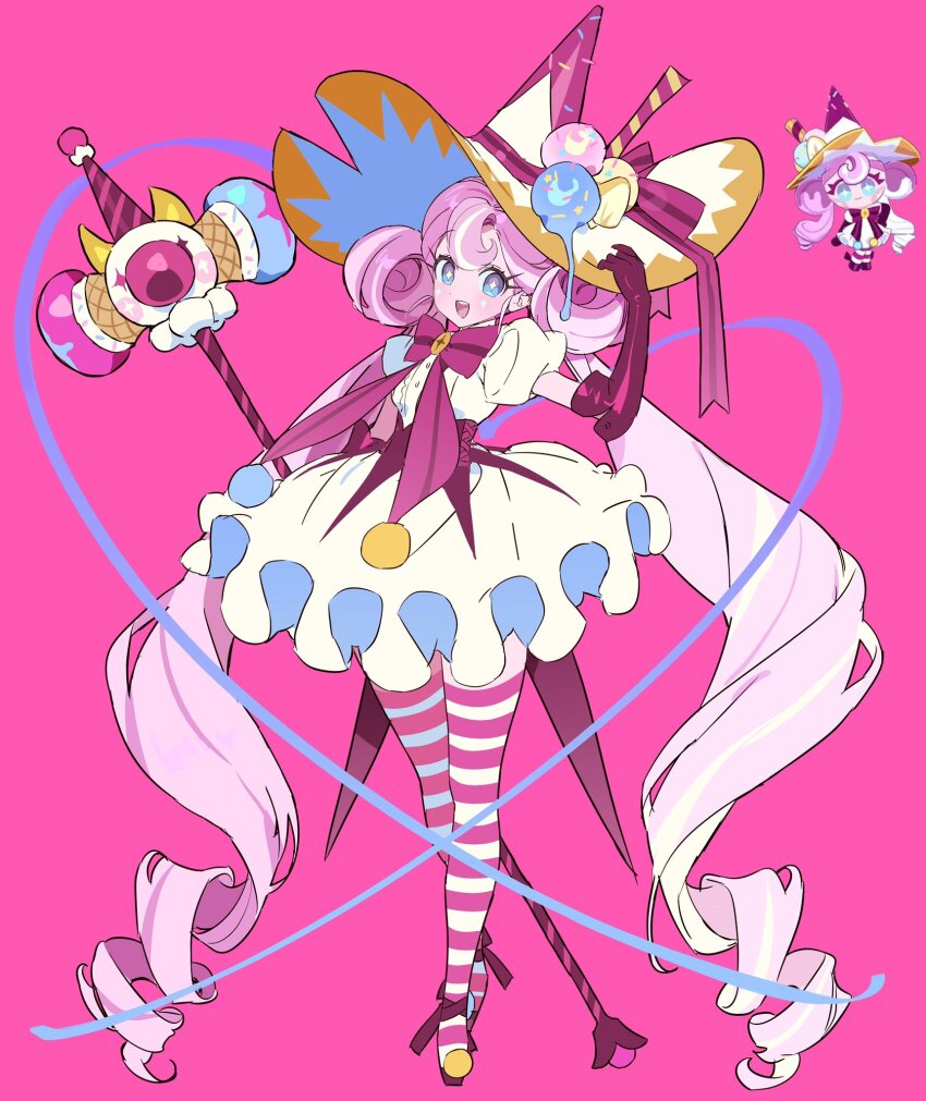 1girl :d absurdly_long_hair bad_id bad_twitter_id blue_eyes bow colored_skin cookie_run cookie_run:_tower_of_adventures cross cross-shaped_pupils cross_facial_mark cute_weapon double_bun dress elbow_gloves facial_mark food-themed_hat_ornament frilled_dress frills full_body gloves hair_bun hammer hand_on_headwear hat hat_ornament highres humanization long_hair looking_at_viewer multicolored_hair official_art_inset ohta_guk_hip open_mouth pink_background pink_bow pink_gloves pink_hair pink_shoes pink_skin pink_thighhighs puffy_short_sleeves puffy_sleeves reference_inset ringlets shoes short_sleeves simple_background smile standing streaked_hair striped_clothes striped_thighhighs sundae_cookie symbol-shaped_pupils teeth thighhighs twintails upper_teeth_only very_long_hair weapon white_dress white_hair white_thighhighs witch_hat