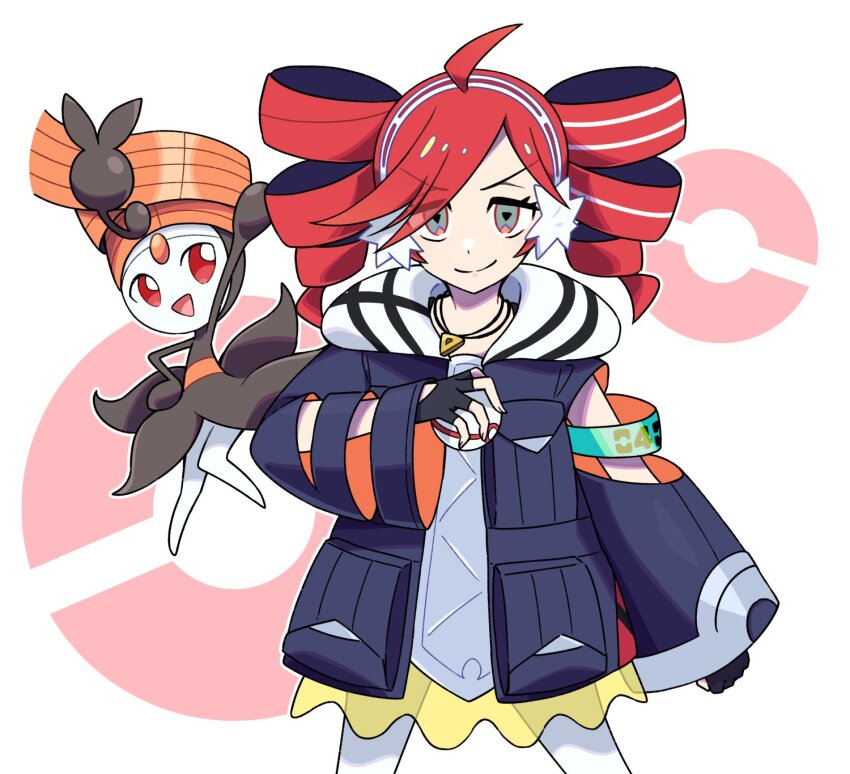 1girl drill_hair gen_5_pokemon highres kasane_teto legendary_pokemon meloetta meloetta_(pirouette) mythical_pokemon nintendo ohu_(kagemaru) pokemon pokemon_(creature) project_voltage red_hair rival_teto_(project_voltage) twin_drills utau vocaloid