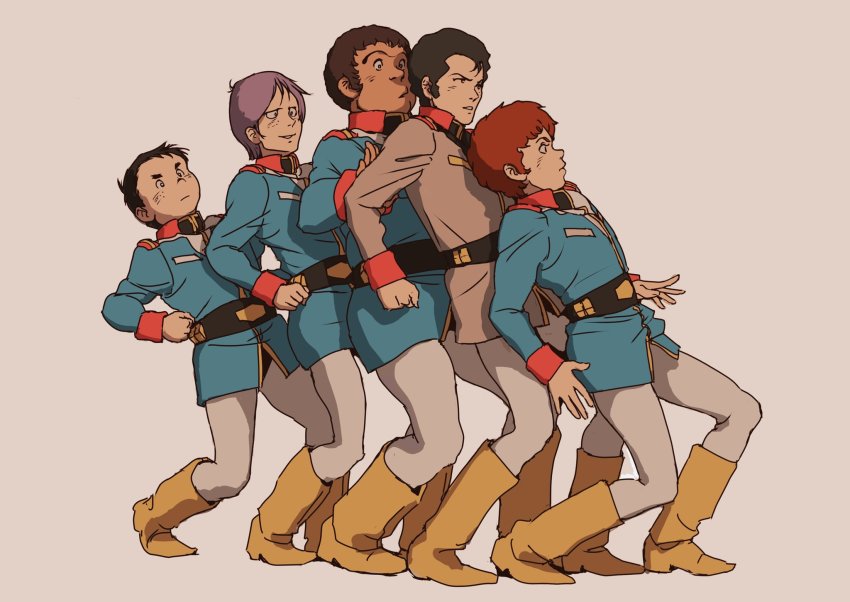 amuro_ray beige_background black_hair boots bright_noa brown_hair clenched_hand earth_federation gundam hair_behind_ear hayato_kobayashi highres kai_shiden leaning_back looking_down looking_up male_focus military mobile_suit_gundam open_hands purple_hair ryu_jose scared teikoku_jokyoku uniform yellow_boots