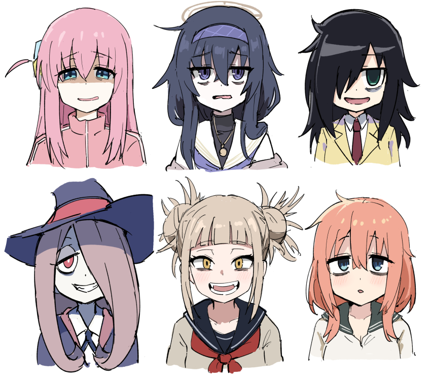 6+girls bags_under_eyes black_hair blonde_hair blue_archive blue_eyes blue_hair blunt_bangs bocchi_the_rock! boku_no_hero_academia crossed_bangs double_bun fangs gotoh_hitori green_eyes hair_between_eyes hair_bun hair_ornament hairband halo hat highres jacket jewelry kuroki_tomoko little_witch_academia long_hair michinoku_komaro mojyo multiple_girls necktie open_mouth pink_hair pink_jacket red_eyes sailor_collar school_uniform seitokai_ni_mo_ana_wa_aru! shirt short_hair simple_background smirk sucy_manbavaran sweater tagme tenten_(chan4545) toga_himiko track_jacket trait_connection turtleneck ui_(blue_archive) watashi_ga_motenai_no_wa_dou_kangaetemo_omaera_ga_warui! white_background white_sailor_collar white_shirt witch_hat yellow_eyes