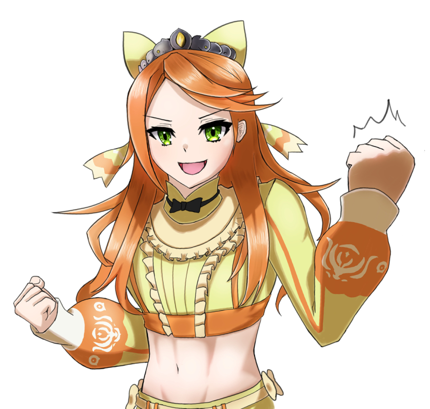 1girl abs black_bow black_bowtie bow bowtie crop_top etie_(fire_emblem) fire_emblem fire_emblem_engage gem green_bow green_eyes green_shirt hanyo_desu navel nintendo orange_gemstone orange_hair shirt swept_bangs tiara yellow_gemstone