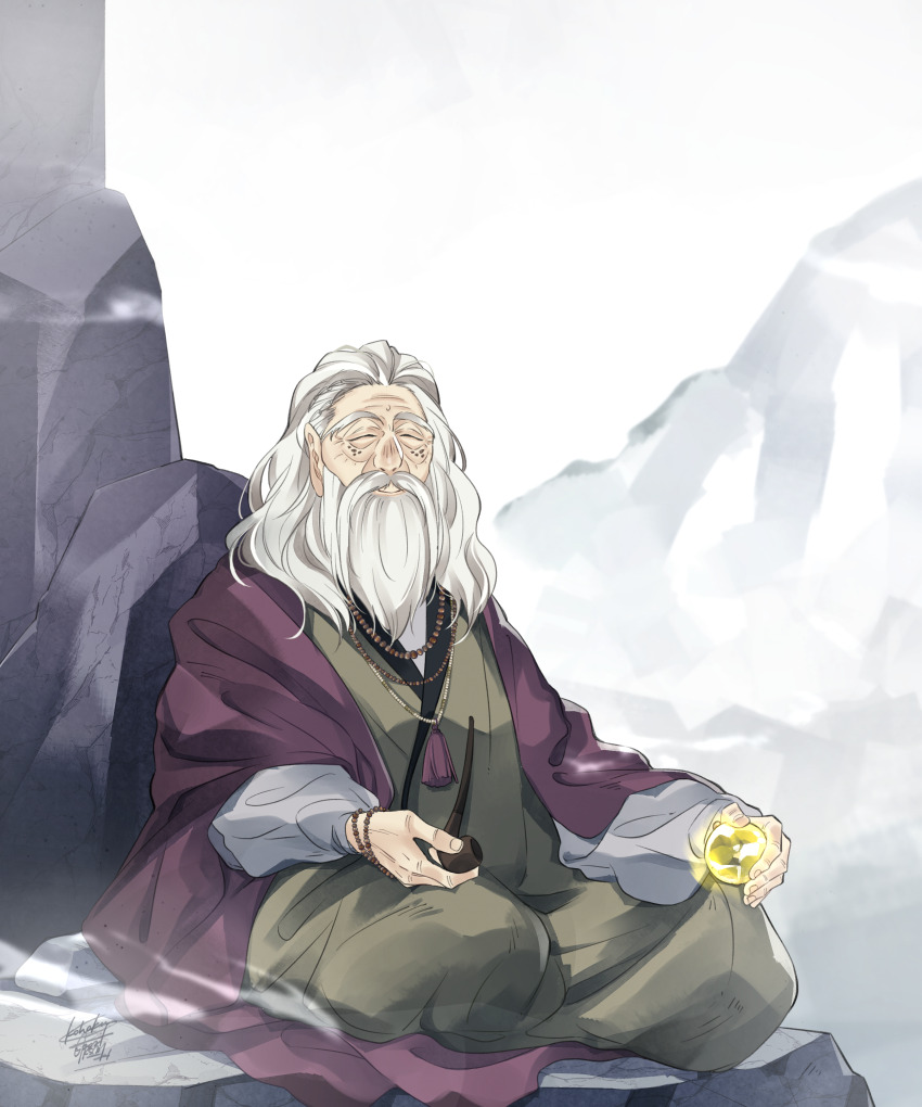 1boy absurdres bead_bracelet bead_necklace beads beard bracelet closed_eyes commission facial_hair highres japanese_clothes jewelry kimono kohakuksm long_hair male_focus mustache necklace old old_man orb original robe rock signature sitting skeb_commission white_hair