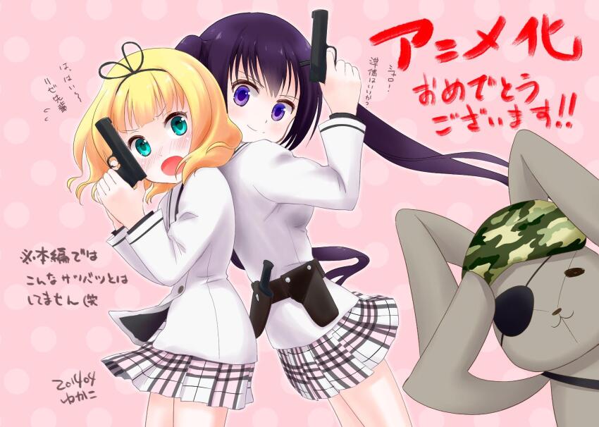 2girls :d :o aqua_eyes arm_up belt black_hairband blonde_hair blunt_bangs blush buttons camouflage_hat camouflage_headwear cowboy_shot dot_nose eyepatch floating_hair furrowed_brow gochuumon_wa_usagi_desu_ka? gun hairband handgun hands_up highres holding holding_gun holding_weapon kirima_syaro knife_belt knife_sheath long_hair multiple_girls open_mouth purple_eyes purple_hair salute school_uniform second-party_source sheath smile tedeza_rize tedeza_rize&#039;s_school_uniform translation_request twintails very_long_hair weapon yukako_(yunny)