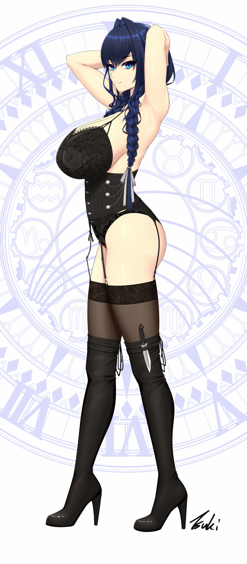 1girl absurdres armpits arms_behind_head arms_up ass black_boots black_corset black_garter_belt black_panties black_thighhighs blue_eyes blue_hair boots braid breasts closed_mouth commentary corset embroidered_bra embroidery from_side full_body garter_belt hair_intakes hair_ribbon high_heel_boots high_heels highres hololive hololive_english holster huge_breasts lace lace-trimmed_thighhighs lace_trim large_breasts lingerie long_hair looking_at_viewer low_twin_braids low_twintails official_alternate_hairstyle ouro_kronii ouro_kronii_(maid) panties presenting_armpit ribbon ryu_seung signature solo symbol-only_commentary thigh_boots thigh_holster thigh_strap thighhighs tress_ribbon twin_braids twintails underbust underwear underwear_only virtual_youtuber