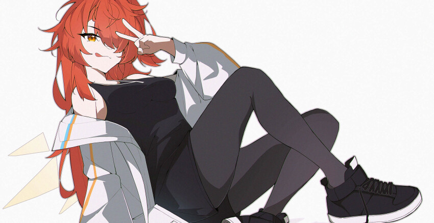 1girl arknights black_pantyhose black_shirt black_shorts breasts commentary exusiai_(arknights) hair_over_one_eye highres jacket long_hair looking_at_viewer medium_breasts orange_eyes pantyhose postalworks shirt short_shorts shorts simple_background solo tongue tongue_out v white_background white_jacket