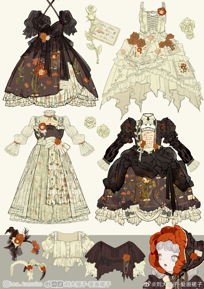 1girl black_bonnet black_bow black_dress black_flower black_hairband black_rose black_shirt bonnet bow bow_hairband brooch clothes_focus cross-laced_clothes cross-laced_dress dress expressionless floral_print flower flower_brooch frilled_dress frills grey_hair hair_through_headwear hairband hat hat_bow hat_flower highres jewelry lipstick liu_dalizi_-_ai_huan_qunzi lolita_fashion long_sleeves makeup medium_hair object_focus original parted_lips peony_(flower) puffy_long_sleeves puffy_short_sleeves puffy_sleeves red_flower red_lips red_rose rose shirt shoes short_sleeves sleeveless sleeveless_dress striped_bow unworn_dress unworn_hairband unworn_shirt unworn_shoes upper_body watermark weibo_watermark white_background white_bow white_dress white_eyes white_hairband white_shirt