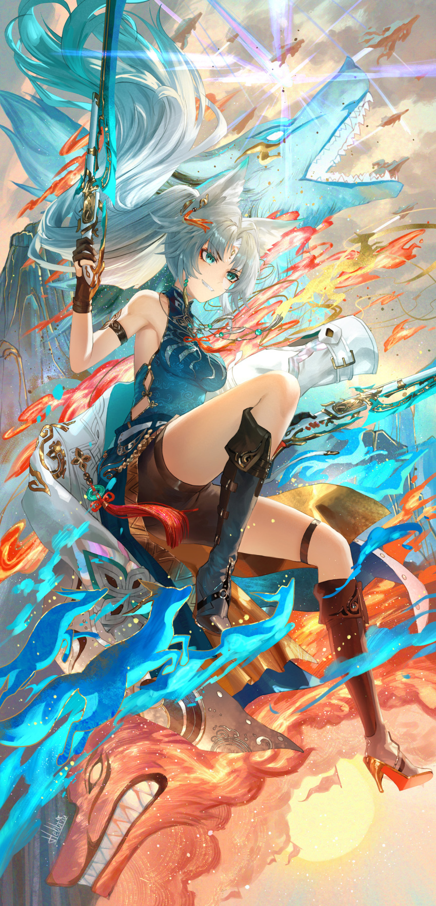 1girl absurdres animal_ear_fluff animal_ears aqua_eyes bare_shoulders black_shorts blue_dress breasts chinese_commentary commentary_request dress feixiao_(honkai:_star_rail) fire floating_hair forehead_jewel fox_ears fox_girl full_body grey_hair hand_up hebbtia high_heels highres hip_vent holding honkai:_star_rail honkai_(series) long_hair medium_breasts parted_bangs parted_lips shorts signature sleeveless sleeveless_dress smile solo thigh_strap very_long_hair weapon