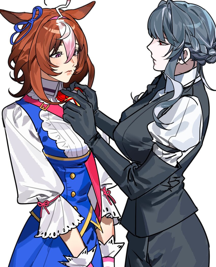 2girls adjusting_another&#039;s_clothes adjusting_neck_ribbon ahoge animal_ears bag black_gloves black_skirt black_vest blue_jacket blue_ribbon blue_skirt blush bow braid breasts brown_hair buttons collared_shirt commentary_request commission cowboy_shot double-breasted ear_ribbon elbow_gloves female_trainer_(umamusume) formal_clothes framed_breasts frilled_shirt frills ggwasu gloves grey_hair hairband highres horse_ears horse_girl jacket juliet_sleeves korean_commentary long_sleeves looking_at_another medium_hair meisho_doto_(umamusume) multicolored_hair multiple_girls nape_braid neck_ribbon oc_x_canon original pink_hairband puffy_sleeves purple_eyes red_eyes red_ribbon ribbed_shirt ribbon shirt short_hair_with_long_locks shoulder_bag simple_background skirt sleeveless sleeveless_jacket trainer_(umamusume) two-tone_hair umamusume vest white_background white_gloves white_hair white_shirt
